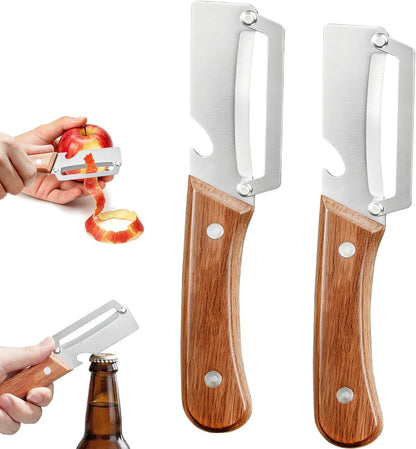 Left & Right Hand Vegetable Peeler Set with Scallion Slicer & Bottle Opener, Heavy-Duty Thick Stainless Steel Blade, Multi-Function Kitchen Peeler with Wooden Handle for Fruits & Vegetables(New 2pcs)