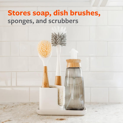 Full Circle Stash, Ceramic Kitchen Sink Caddy, Stylish Sponge Holder & Dish Brush Organizer, Easy to Clean, Dishwasher Safe, Rustproof, White and Gray