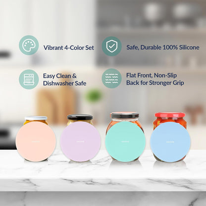 NIHOME Silicone Jar Opener – 6 Inch Large Anti-Slip Grip Pads, Premium 100% Food-Grade Silicone, Stylish Designer Colors, Multi-Purpose Heat-Resistant Mat & Coaster, Set of 4