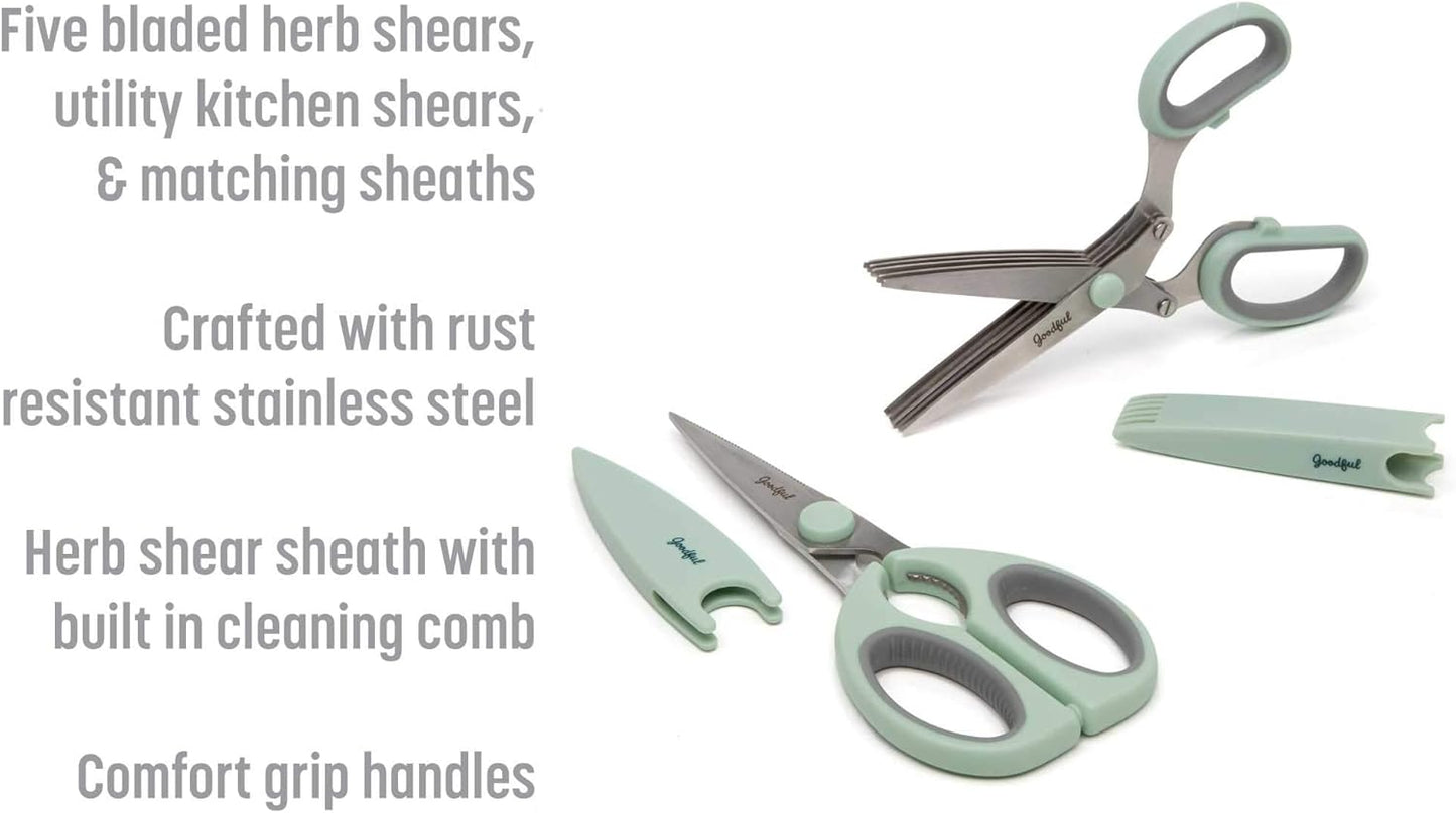 Goodful Utility Kitchen Shear and 5-Blade Herb Shear Set, Premium Stainless Steel Blades with Protective Guards, Comfort Grip Handles, Built-in Herb Shear Cleaning Comb, 2-Piece Set, Sage Green
