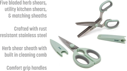 Goodful Utility Kitchen Shear and 5-Blade Herb Shear Set, Premium Stainless Steel Blades with Protective Guards, Comfort Grip Handles, Built-in Herb Shear Cleaning Comb, 2-Piece Set, Sage Green
