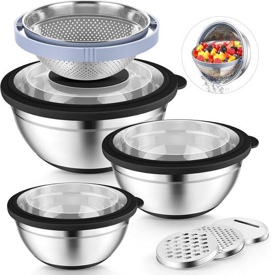 P&P CHEF Mixing Bowls with Lids Set of 3, Stainless Steel Mixing Bowl and Colander for Kitchen, 3 Grater Attachments & Non-Slip Bottoms, Visible & Airtight Lid, Khaki