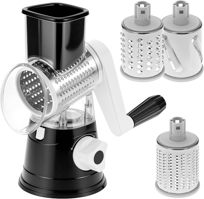 QWORK Cheese Grater Hand Crank, Rotary Vegetable Shredder, 3 in 1 Kitchen Speed Spin Veggie Slicer & Nut Grinder, Black