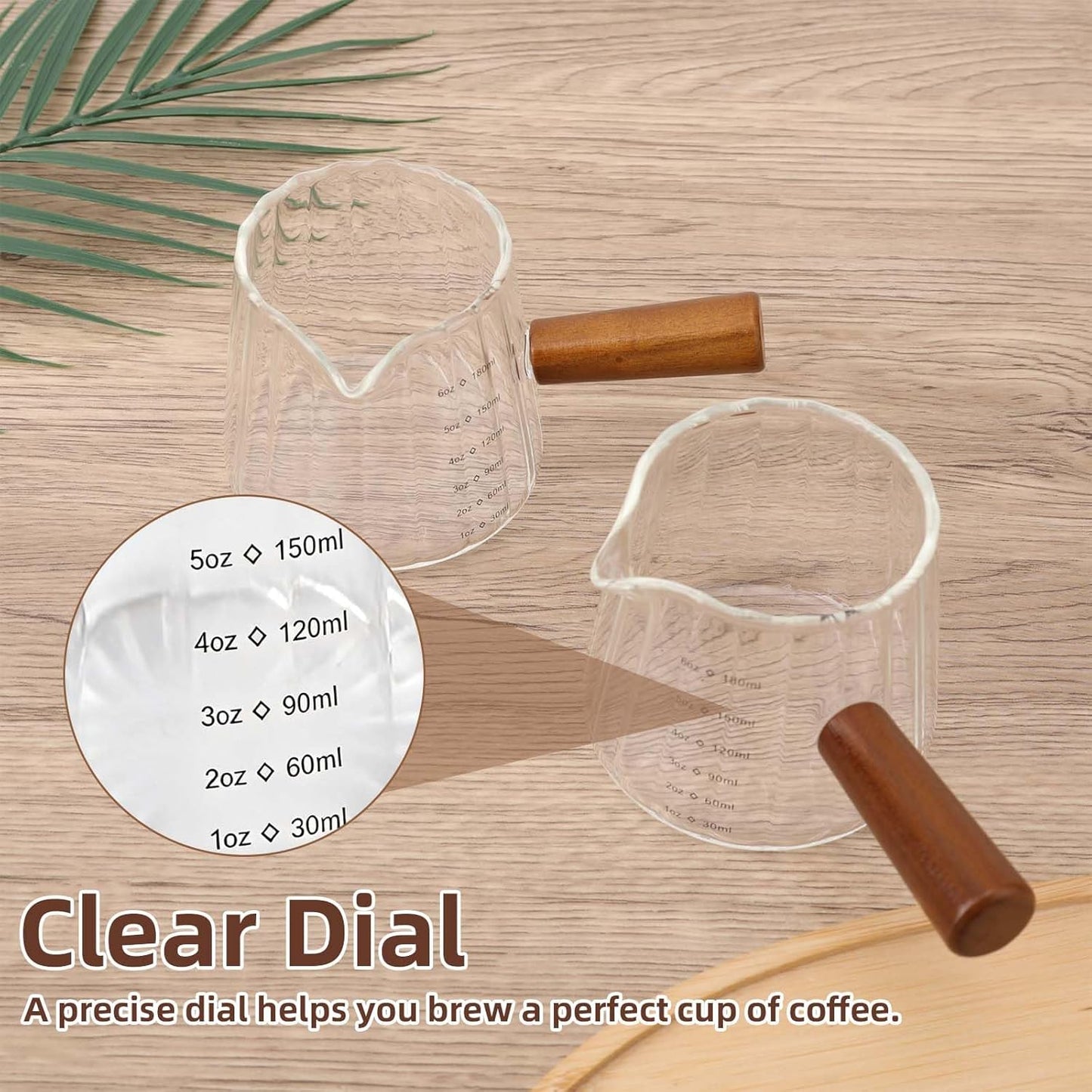 2pcs Espresso Measuring Cups, 6oz Transparent Espresso Shot Glass Measuring Cup with Wood Handle & V-Shaped Spout for Coffee Milk Tea Liquid Serving Bar Accessories