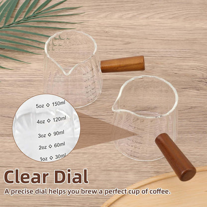 2pcs Espresso Measuring Cups, 6oz Transparent Espresso Shot Glass Measuring Cup with Wood Handle & V-Shaped Spout for Coffee Milk Tea Liquid Serving Bar Accessories