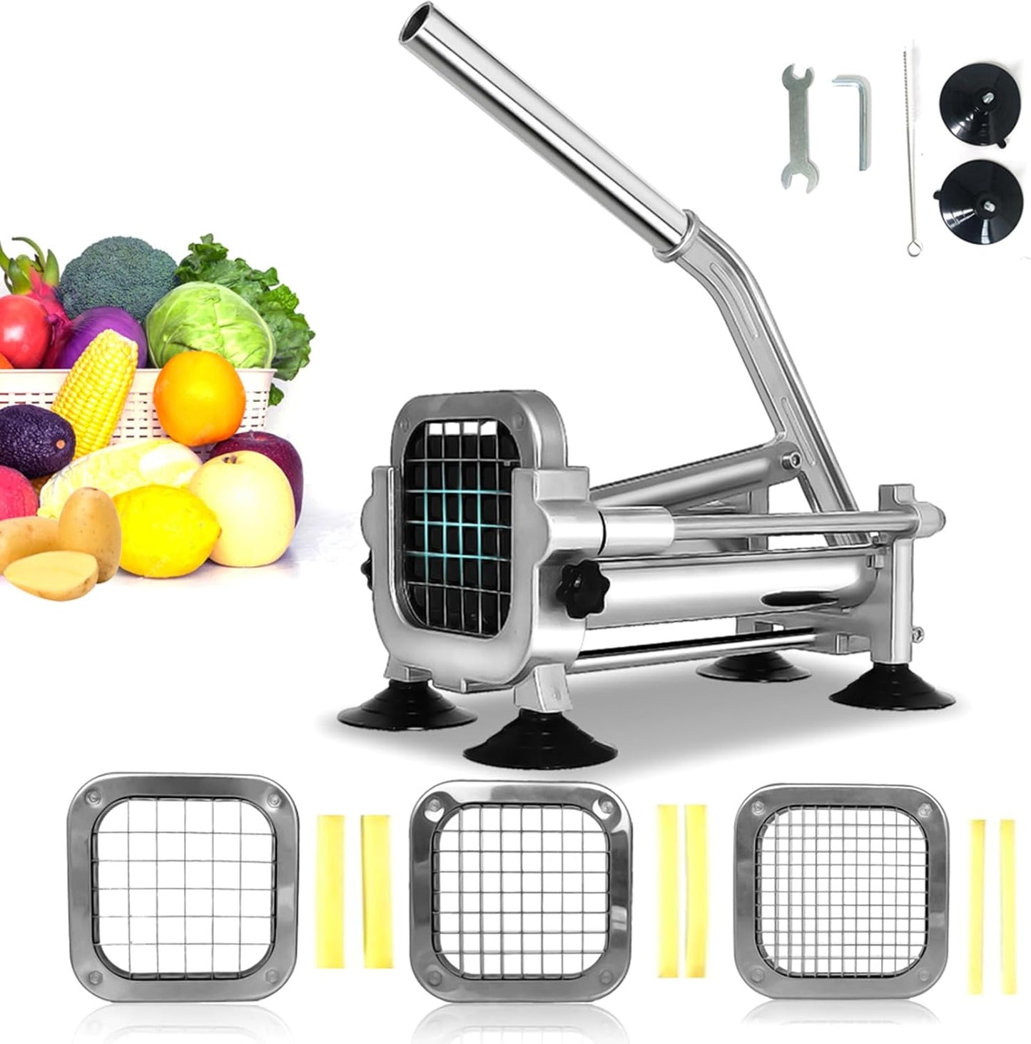French Fry Cutter Stainless Steel, Heavy Duty Stainless Steel Manual Potato Slicer, Commercial 1/2 3/8 Inch Blades Potato Cutter with Brush, Wrench & Sucker (1/2"&3/8" cutter)