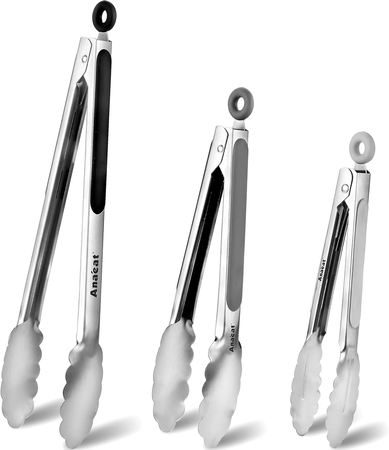 Anaeat Non-Stick Silicone Locking Tong Set of 3 - Stainless Steel 7", 9", 12" Kitchen Food Tongs with Non-Slip Silicone Tips and Grip for Cooking, Baking and BBQ - Heat Resistant up to 480°F (Black)