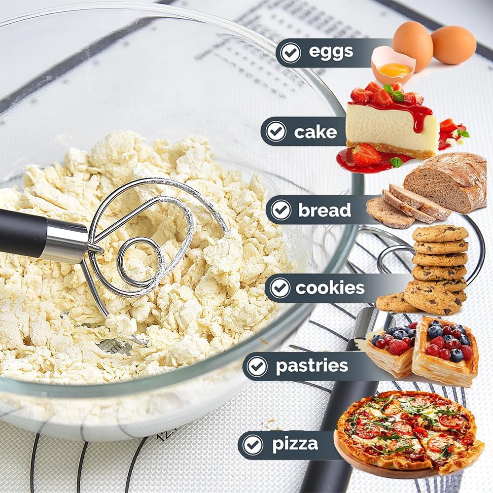 Stainless Steel Dough Whisk for Dutch Bread with Rubber Anti-slip Handle Manual Dough Mixer Pastry Blender Whisking Tools for Baking - 12 inch