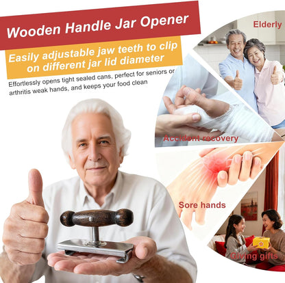Heavy-Duty Cap Crack Jar Opener for Senior & Weak Hand - Strong Grip Oak Wood Handle & 304 Stainless Steel, Adjustable Manual Leverage Lid Remover for 1.5"-4" Jars [Clamp on Lid to Open]