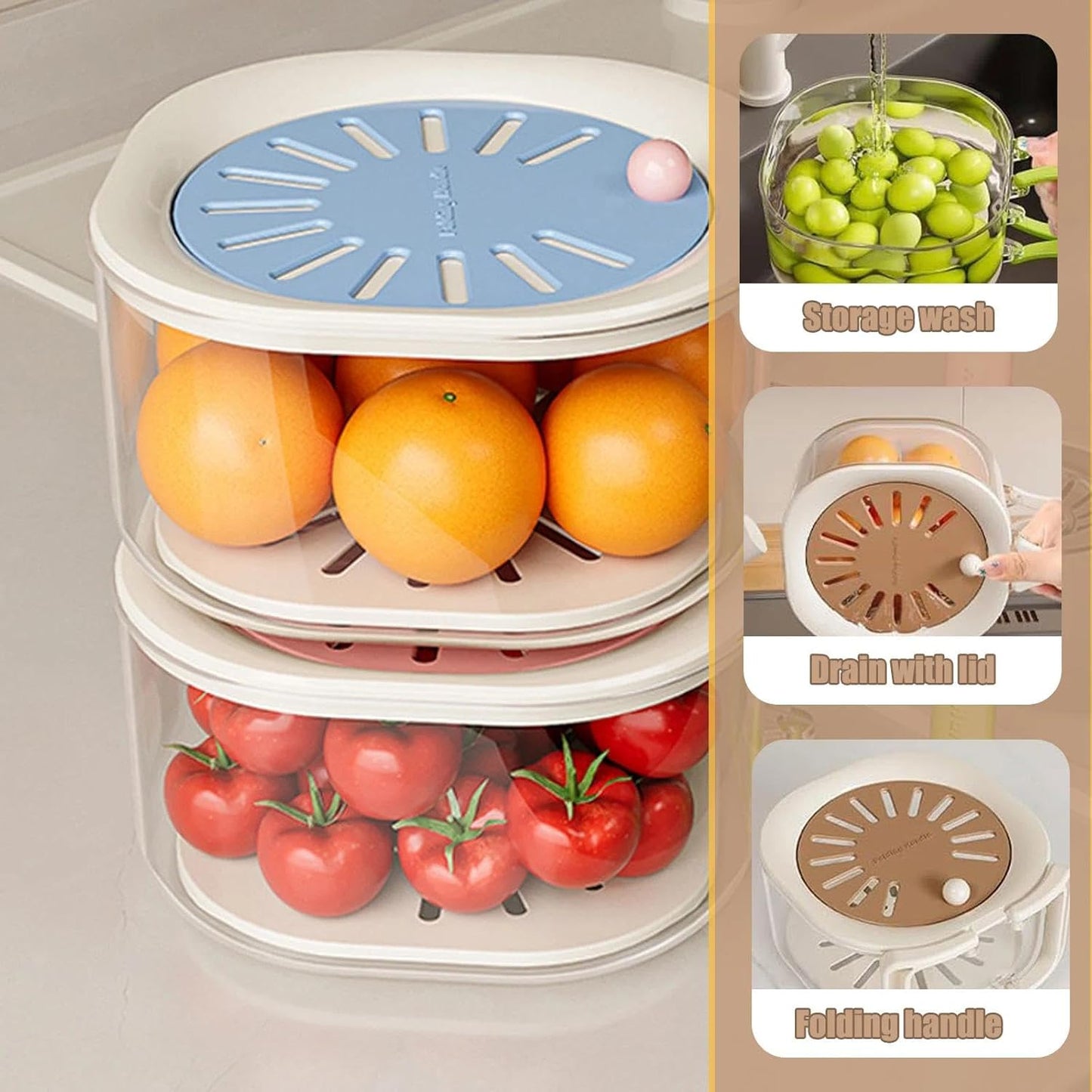 Multifunctional Fruit Washing Bowl with Strainer, 2-in-1 Draining and Preservation with Lid, Foldable Handle Vegetable Basket, Fruit Storage Basket for Kitchen Camping(Blue)