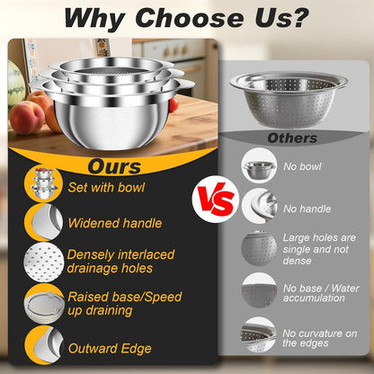 Colander, Stainless Steel Colander for Kitchen, 3Pcs Kitchen Gadget Food Strainer Basket with Handle, Kitchen Strainer Colanders Bowl for Pasta Noodles Spaghetti Vegetables Fruit (2QT, 3QT, 5QT)