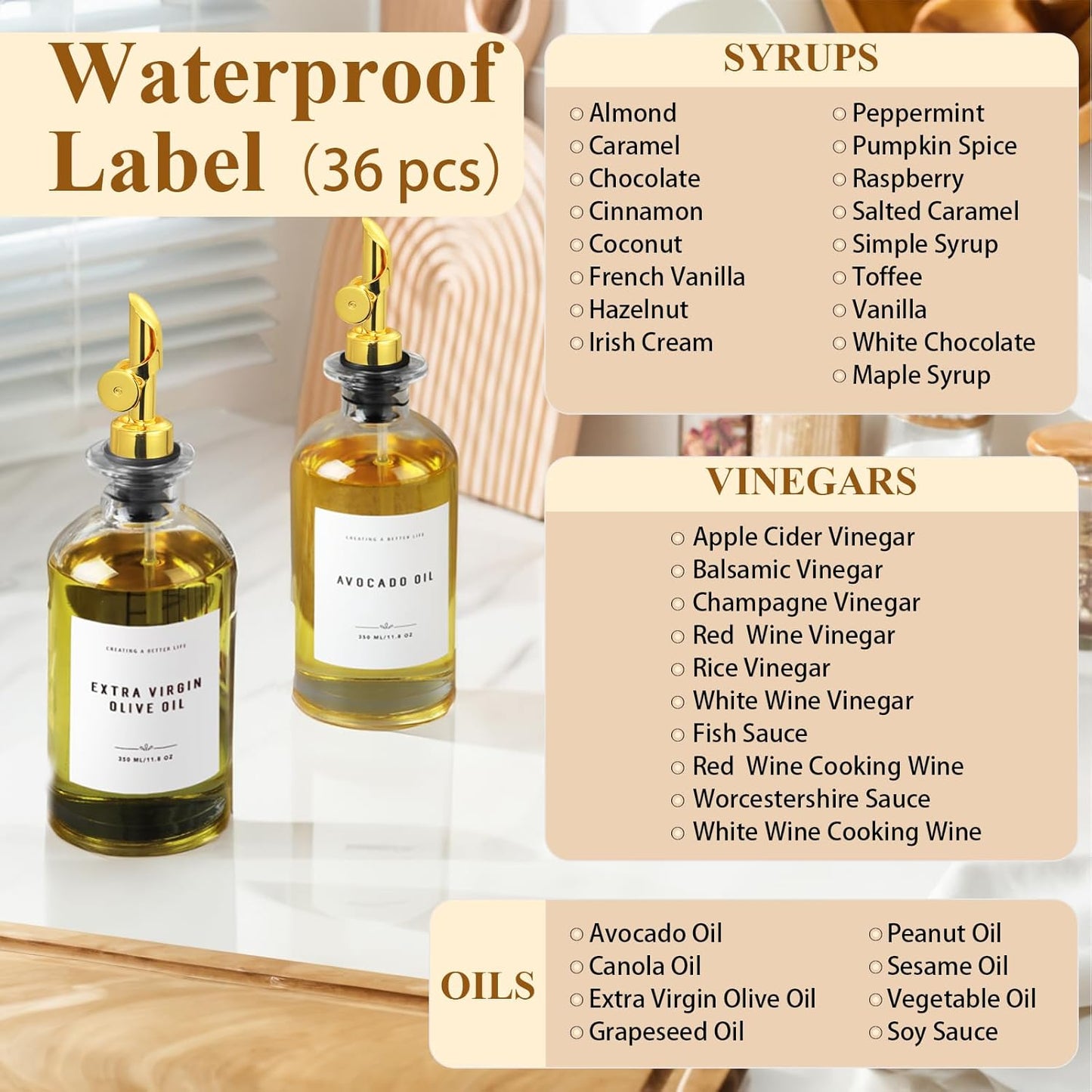 Olive Oil Dispenser Bottle with Bamboo Tray, Metal Pour Spout, Coffee Syrup & Cooking Oil Dispenser for Kitchen