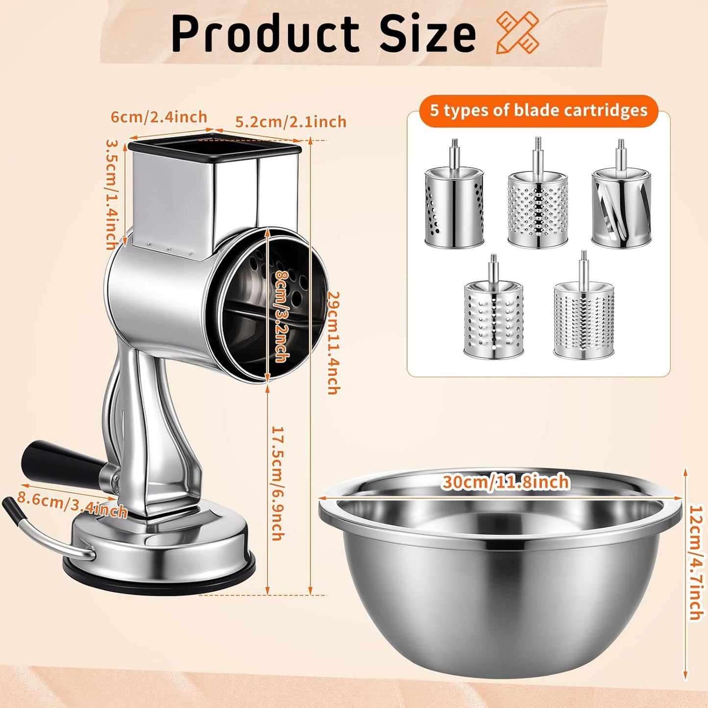 2 Pcs Stainless Steel Rotary Cheese Grater with 8.2 Qt Mixing Bowl and 5 Interchangeable Blades Reinforced Suction Base Metal Manual for Kitchen Vegetable Slicer Shredder for Nuts Cookies