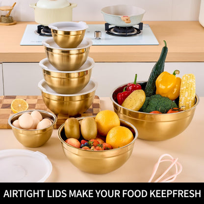 Red Mixing Bowls with Lids Set of 7, Stainless Steel Nesting Bowl with Khaki Lid for Non-slip Mixing Prepping Storing Serving, 7 Sizes-7/3.6/2.7/2.1/1.5/1/0.8 QT