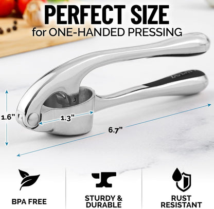 Zulay Kitchen Premium Garlic Press Set - Rust Proof Professional Garlic Mincer Tool - Easy-Squeeze, Easy-Clean with Soft, Ergonomic Handle - Silicone Garlic Peeler & Brush (Silver)