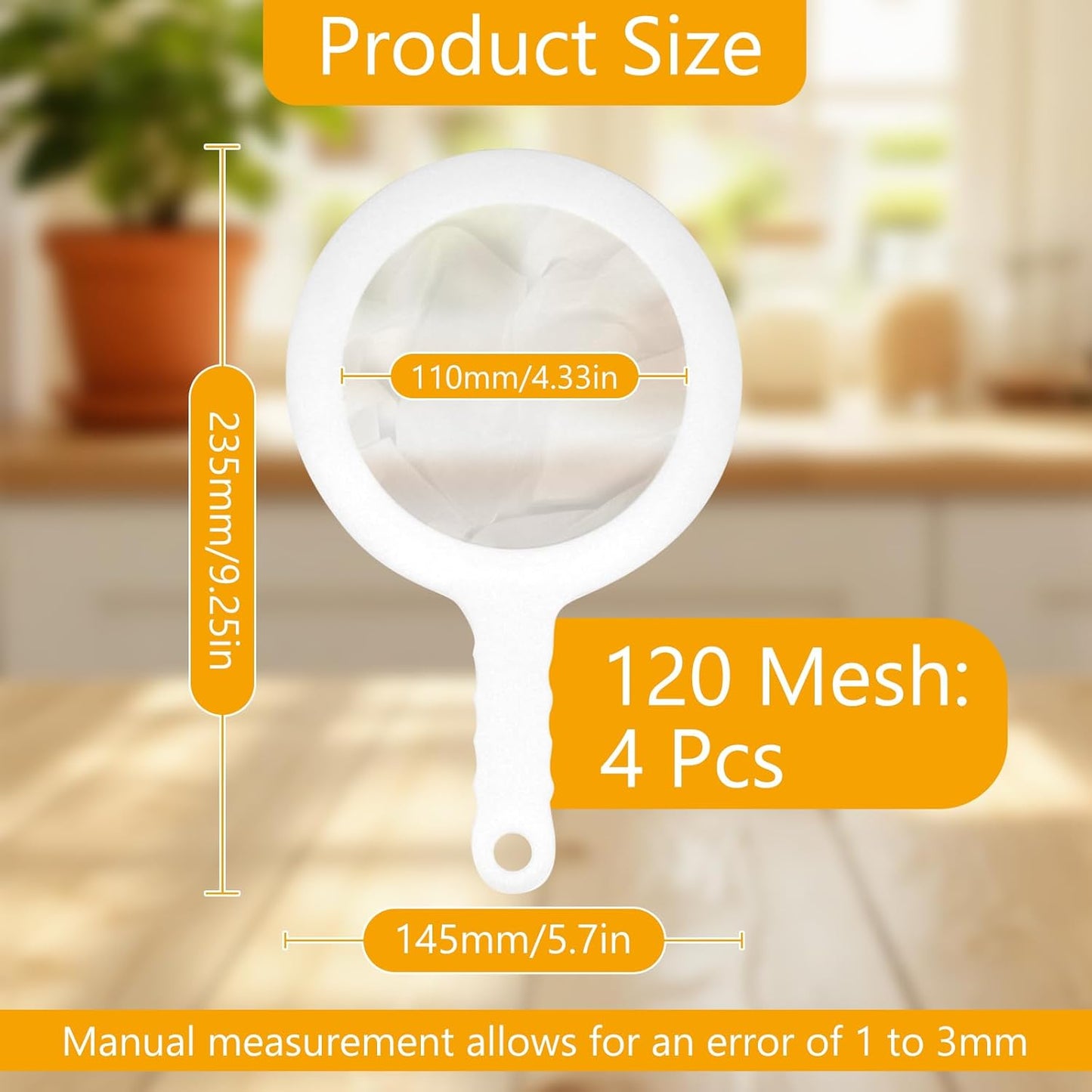 2 Pack Ultra-Fine Nylon Mesh Strainer, 120/200 Mesh Kitchen Colander with Plastic Non-Slip Handle for Filtering Juice, Milk, Soy, Coffee, Honey, Wine, Yogurt