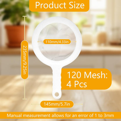2 Pack Ultra-Fine Nylon Mesh Strainer, 120/200 Mesh Kitchen Colander with Plastic Non-Slip Handle for Filtering Juice, Milk, Soy, Coffee, Honey, Wine, Yogurt