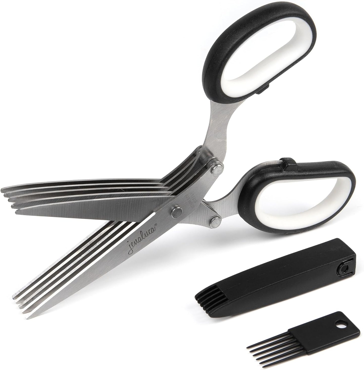 Jenaluca 5 Blade Herb Scissors - Cut & Chop Fresh Herbs & Leafy Greens - Salad Scissors - Stainless Steel Kitchen Shear Set with Cleaning Comb & Safety Cover - Kitchen Gadget - Green