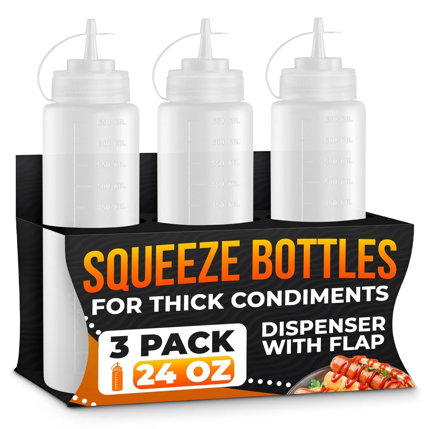 Set of 6 Inverted Condiment Squeeze Bottles 16 oz – Upgraded Design with Added Sealing Gaskets, Self-Closing Valve, Easy-to-Fill Clear Bottles for Sauces, Dressings, Ketchup, Mustard for Everyday Use