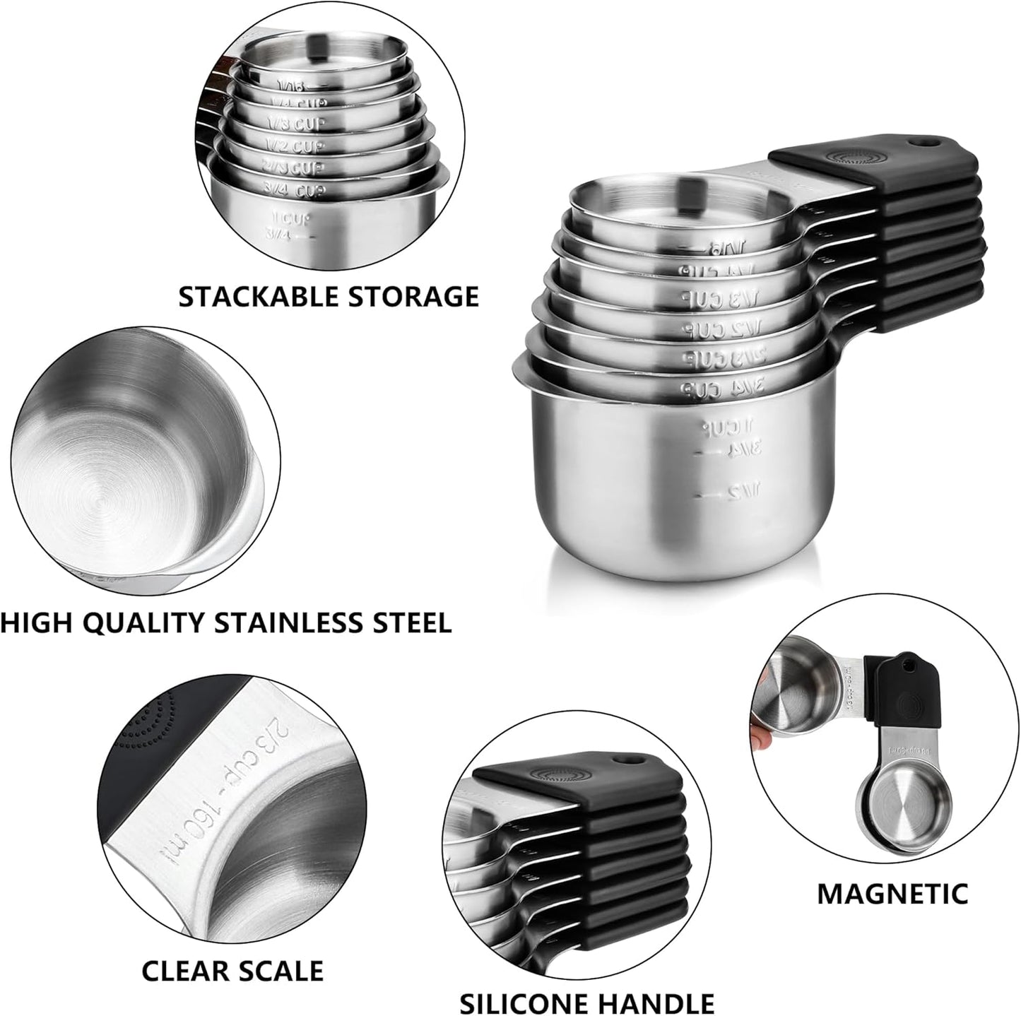 Magnetic Measuring Cups Set of 7 Stainless Steel Heavy Duty Stackable Measuring Cups for Dry and Liquid Ingredients