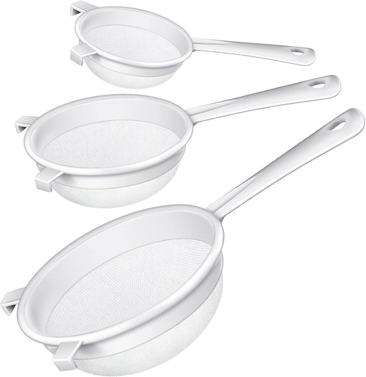 3 Pcs Plastic Nylon Mesh Strainer Colander with Handle Double Ear Fine Food Mesh Strainer Flour Sifter for Baking Kitchen Colander Sifter Kefir Tea Juice Pasta(3 Inch, 4 Inch, 5.5 Inch)
