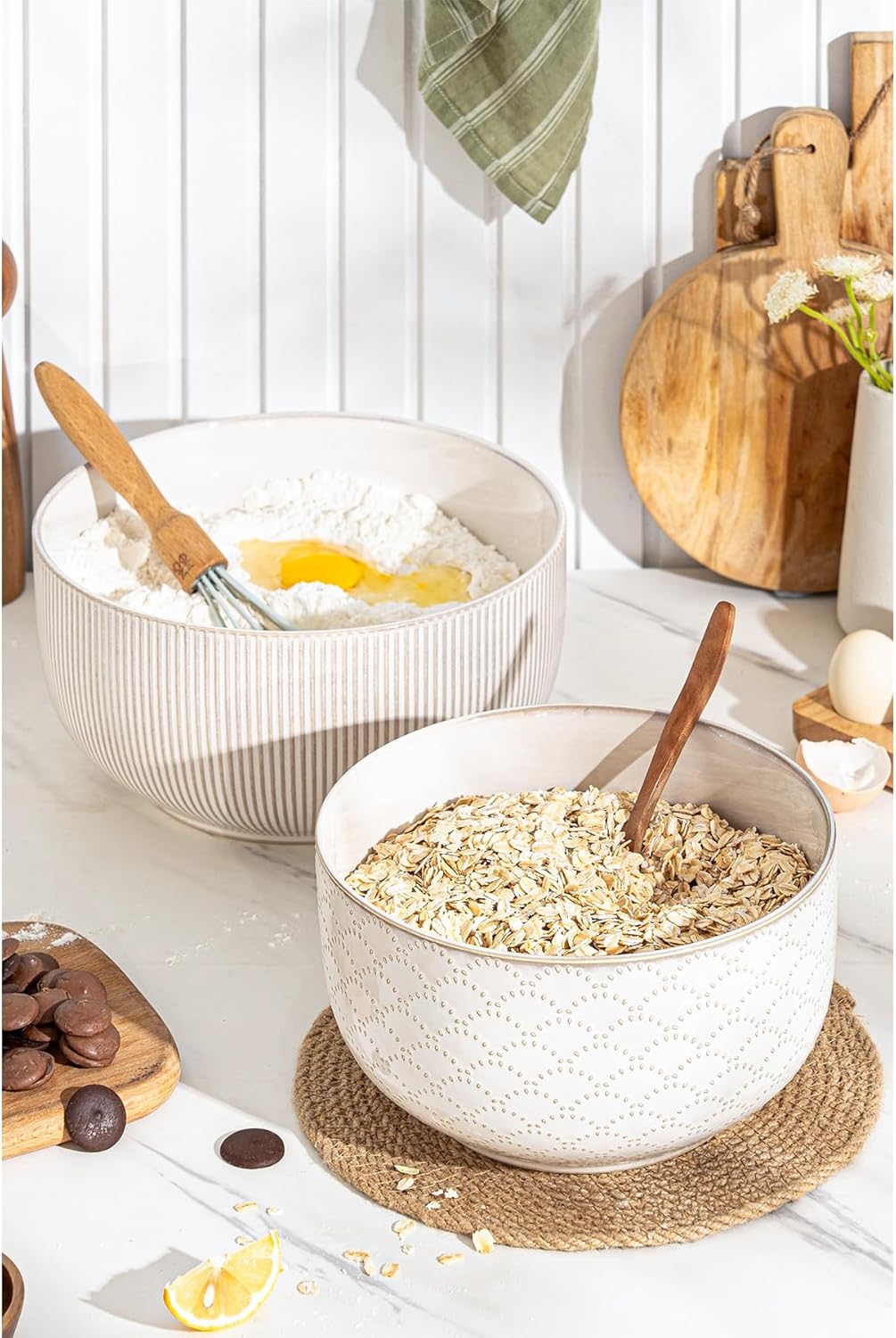 Ceramic Mixing Bowls, Embossed Nesting Bowls Set of 4, Mixing Bowl Set for Serving, Baking, Cooking and Gift, Microwave and Dishwasher Safe, 20/47/99/148 oz, Off-White