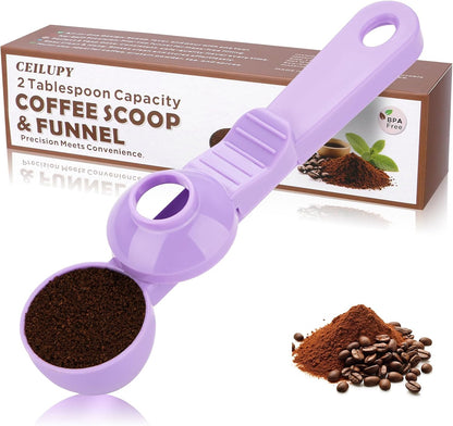 2-in-1 Coffee Scoop with Funnel, 2 Teaspoon Measuring Spoon for Reusable K Cups, Ground Coffee, Protein Powder & Tea, Mess-Free Plastic Design (Pink)