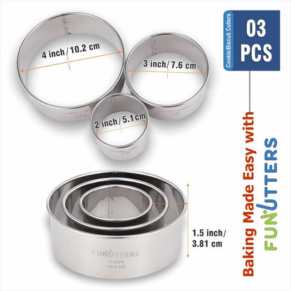 Cookie Cutter Set, 4 Pc. Kit, Measuring 2'', 3'', 4'' and 5'', Round Metal Baking Rings for Pastry, Biscuits, and Dough Cutting, Heavy Duty and Reusable, Multiple Sizes