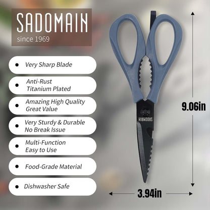 Kitchen Scissors All Purpose, Extra Sharp Kitchen Shears with Knife Sharpener & Sheath, Solid & Durable Stainless Steel Scissors with ANTI-RUST Black Titanium Plated, Dishwasher Safe - Green