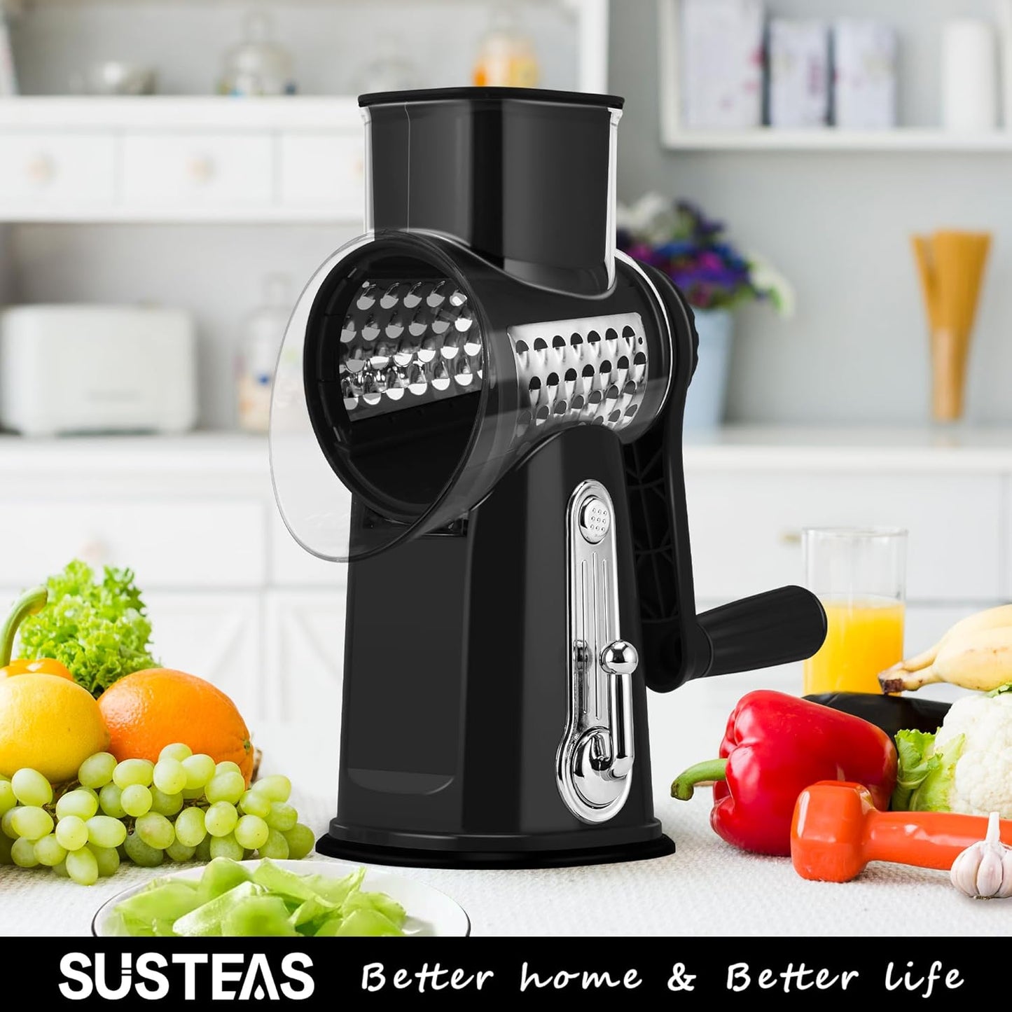 SUSTEAS Rotary Cheese Grater with Handle - Vegetable Shredder with 5 Well-designed Blades & Strong Suction Base,Round Mandoline Slicer & Food Chopper for Kitchen,with Blade Storage Box(Beige)