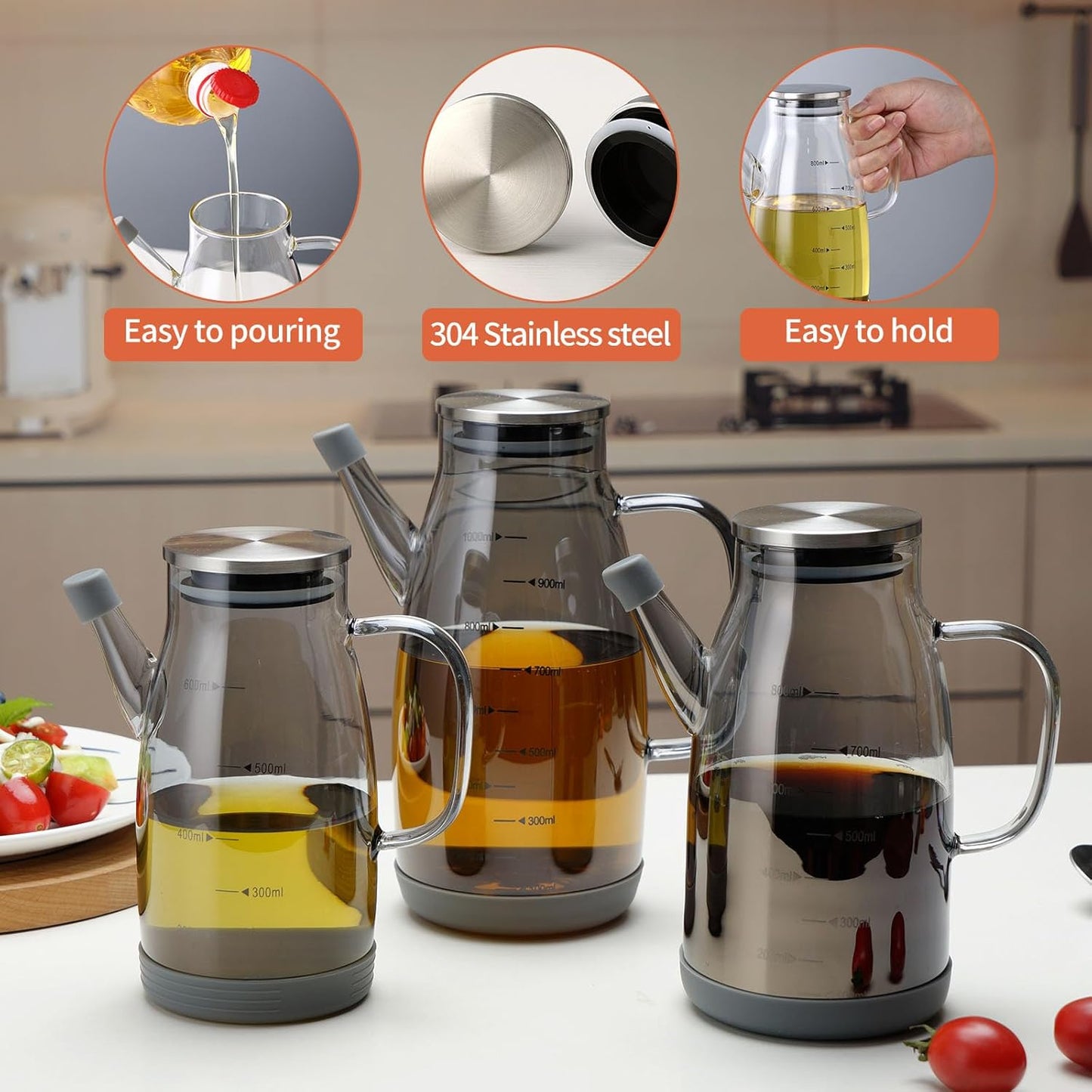 Large Glass Oil Dispenser Bottle for Kitchen Cooking Recipiente Para Aceite De Cocina Olive Oil Vinegar Dispenser Cruet Stainless Steel Lid No Drip Liquid Container (Clear, 34oz /1000ml)