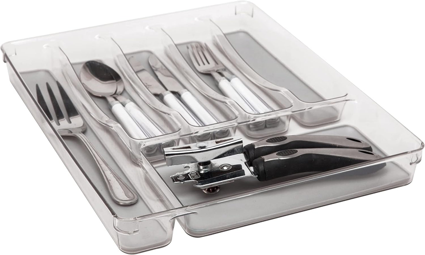 Kitchen Details 23195 Utensil and Cutlery Drawer Organizer, Divider, Tray, Storage, 5 Compartment, Clear