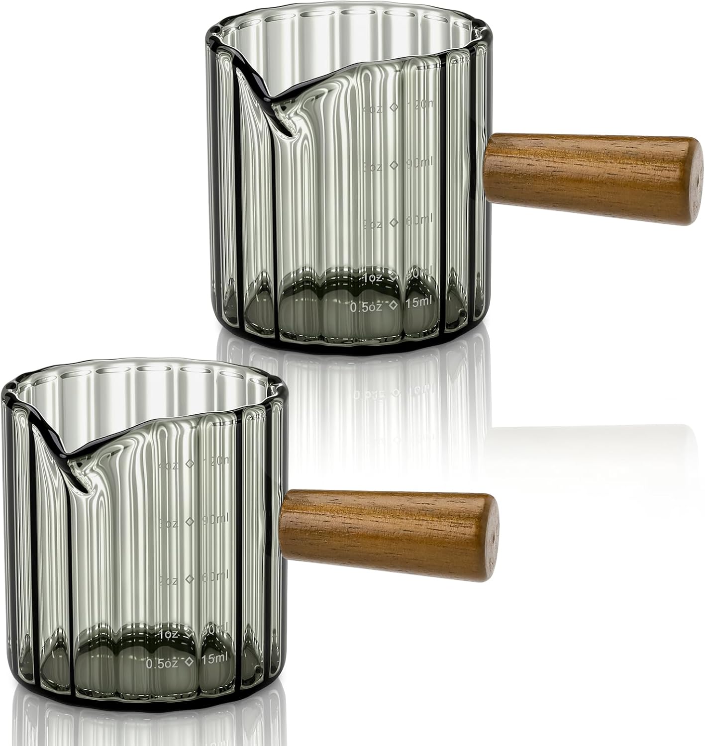 2 Pack Espresso Measuring Cups, 4oz Borosilicate Glass Espresso Shot Glasses with Wood Handle, V-Shaped Spout Ribbed Milk Frothing Cup, Measuring Cup for Coffee, Latte, Cappuccino, Tea, Syrup