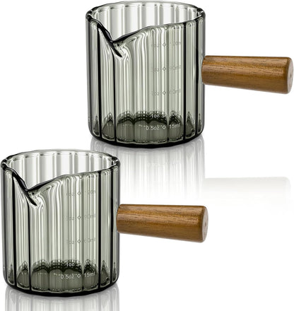 2 Pack Espresso Measuring Cups, 4oz Borosilicate Glass Espresso Shot Glasses with Wood Handle, V-Shaped Spout Ribbed Milk Frothing Cup, Measuring Cup for Coffee, Latte, Cappuccino, Tea, Syrup
