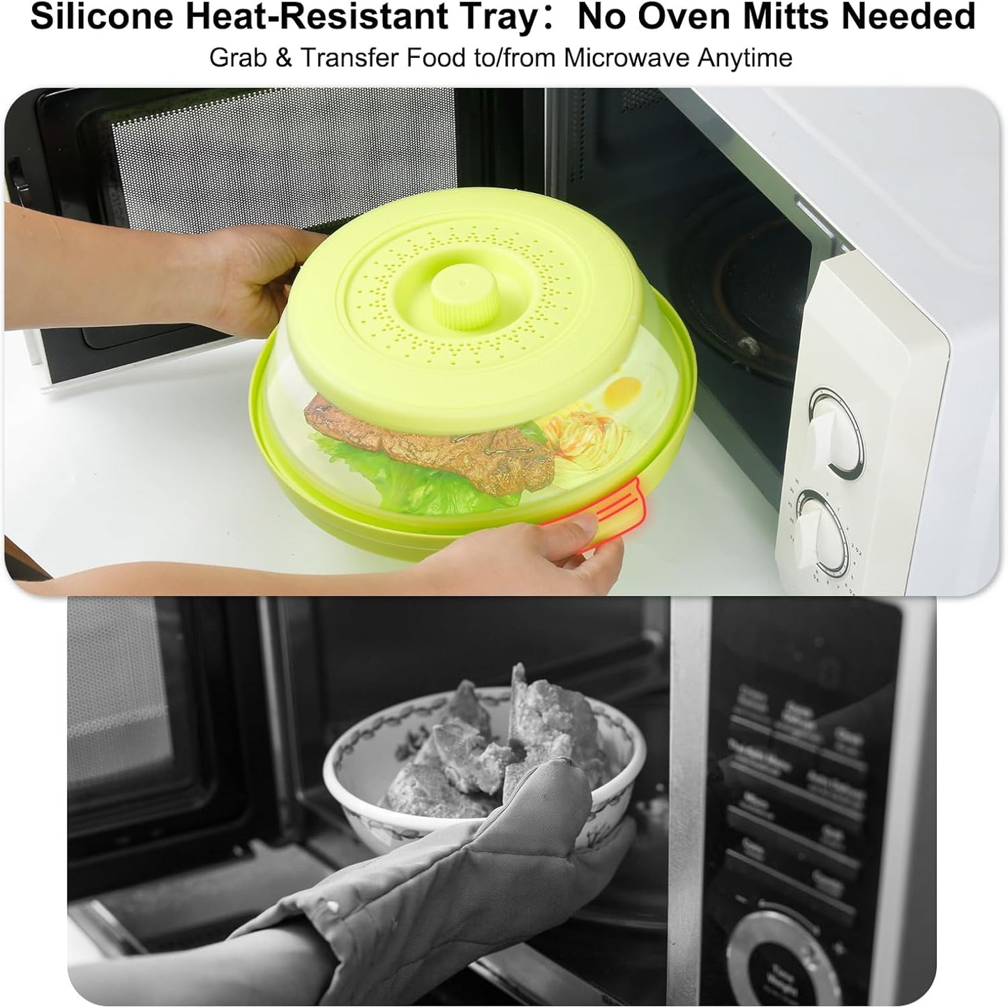 10.7 Inch Microwave Food Cover with Heat Insulation Mat, Anti-Scald Collapsible Microwave Splatter Cover, Multi-Functional as Colander & Fruit Plate, Dishwasher Safe, Ideal for Meal Prep (Gray)