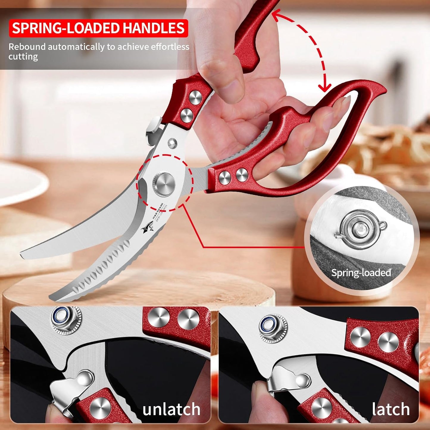 MAD SHARK Heavy Duty Poultry Shears, Kitchen Shears with Non-Slip Handle & Safety Lock, All Purpose Kitchen Scissors for Chicken, Meat Cutting, Turkey, Fish, Vegetables, Spring Loaded, Dishwasher Safe