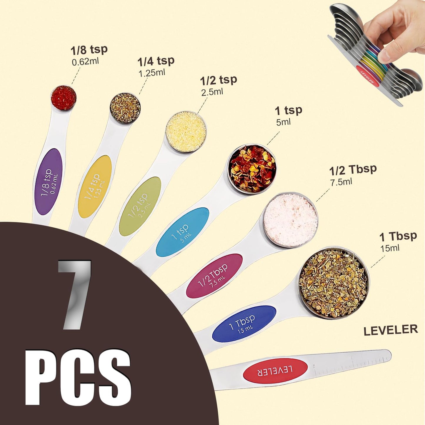 Gold Magnetic Measuring Spoons Set, Stainless Steel Stackable Dual Sided Nesting Teaspoons and Tablespoons for Measuring Dry and Liquid Ingredients (Multicolor-7 Pcs)