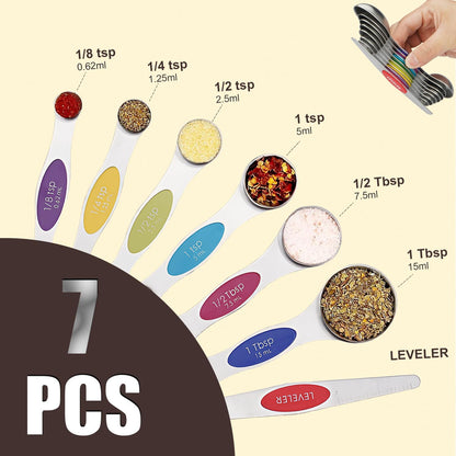 Gold Magnetic Measuring Spoons Set, Stainless Steel Stackable Dual Sided Nesting Teaspoons and Tablespoons for Measuring Dry and Liquid Ingredients (Multicolor-7 Pcs)