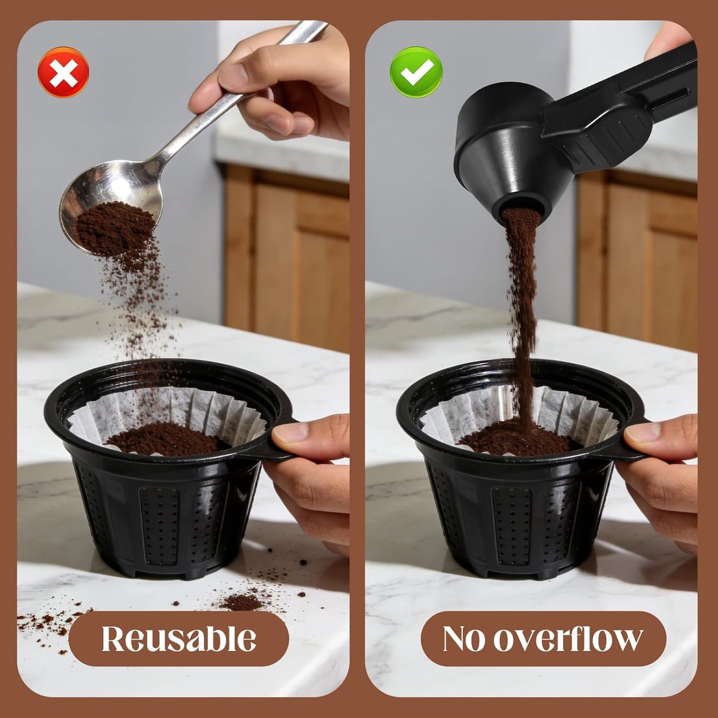 Coffee Scoop & Funnel for Reusable K Cup Refillable Tea Pods, Measuring Spoon 2 Tablespoon Capacity for Ground Coffee, Protein Powder, Tea(Black)