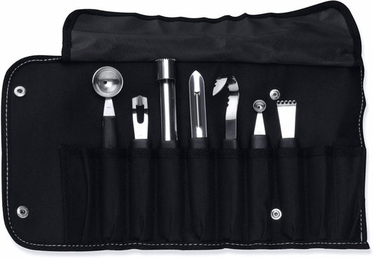 BergHOFF Essentials 8Pcs Garnishing Set in Bag, Lemon Zester, Double & Single Melon Baller, Channel Knife, Butter Curler, Peeler, Apple Corer, Great for Gift, Professional & Domestic Use