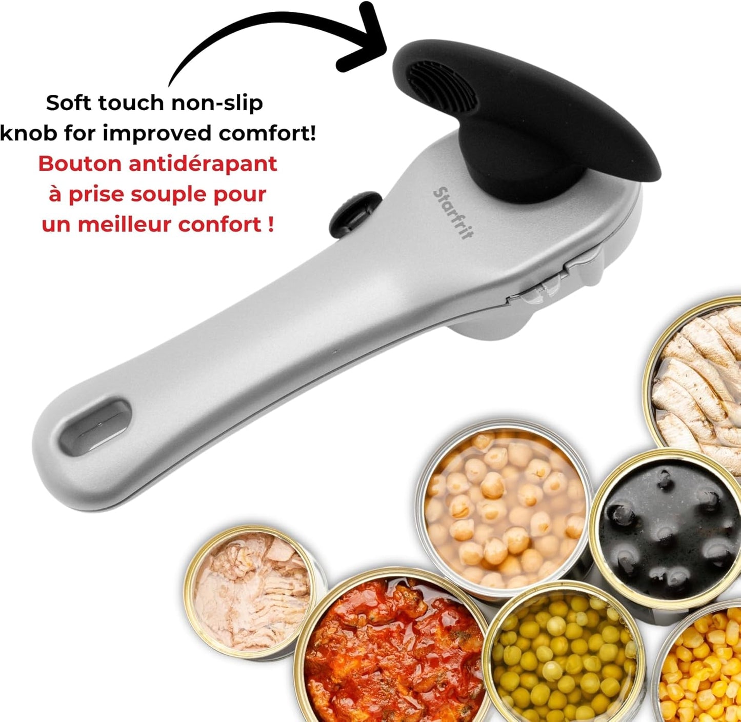 Starfrit Securimax Auto Can Opener - Patented Safe Edge Technology with Lid Lifter - Leaves No Sharp Edges on Lid & Can - Heavy Duty Non-Slip Knob - Grey