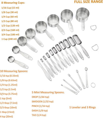 18/8 Stainless Steel Measuring Spoons Set of 16 Pieces, Includes 10 Narrow, 1 Leveler and 5 Mini Spoons