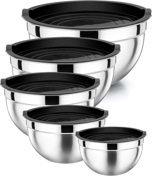 P&P CHEF Mixing Bowls with Airtight Lids Set of 5, 10-Piece Stainless Steel Mixing Nesting Bowl, Metal Bowl with Lid for Kitchen Prepping & Storing, Size 4.6, 3, 1.5, 1, 0.7 QT, Multicolor