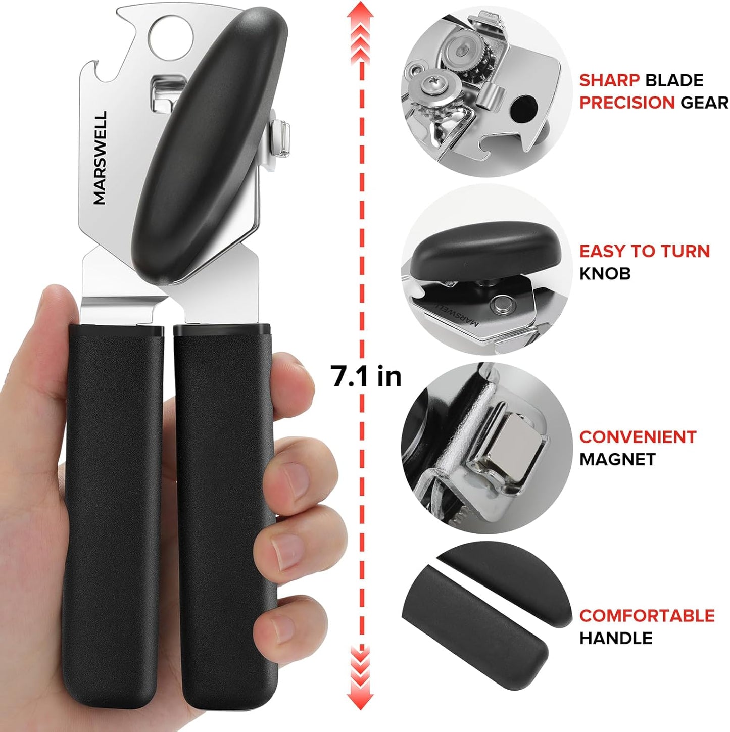 MARSWELL Heavy Duty Can Opener for Large Cans, Extra-Long Handles & Oversized Knob for Easy Cranking, Commercial Manual Hand Crank Opener Opens Big #10 Cans Smoothly, Strong All-Steel Construction
