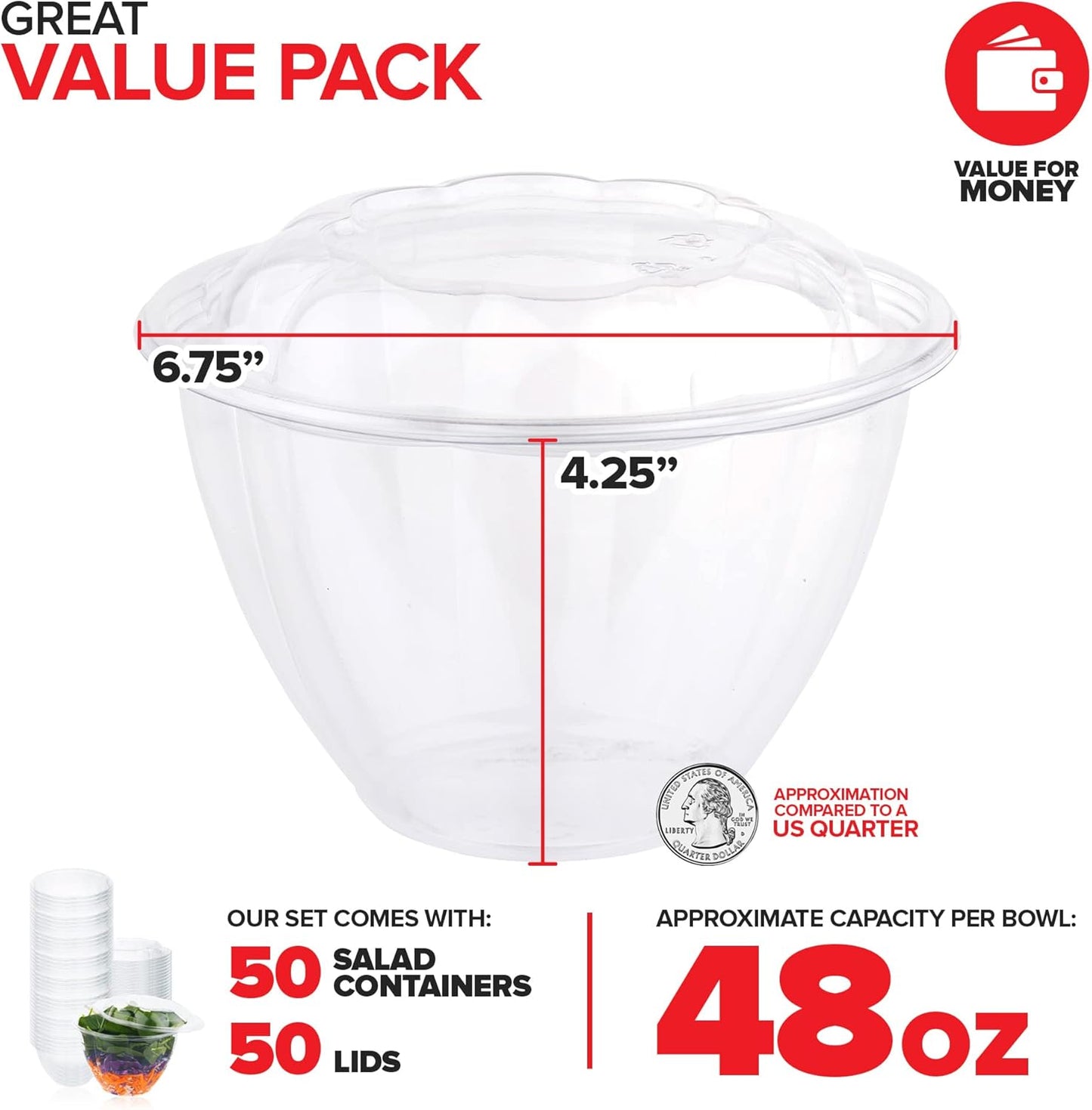 Stock Your Home 32oz Clear Plastic Salad Bowls with Lids Disposable (50 Pack) Medium Takeout Container with Snap on Lid for Fruit Salads, Quinoa, Lunch and Meal Prep, Acai Bowl, To-Go Party Containers