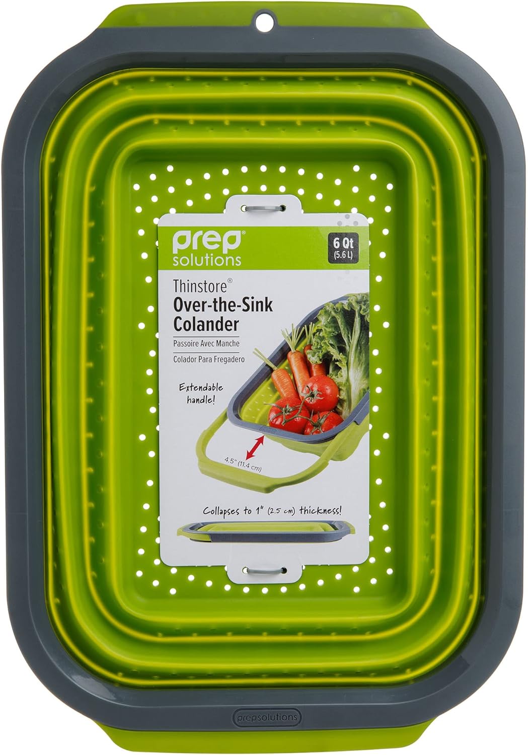 PrepSolutions Collapsible Silicone Over-the-Sink 6- Qt Colander, Green/Black - Space-Saving Kitchen Strainer for Draining