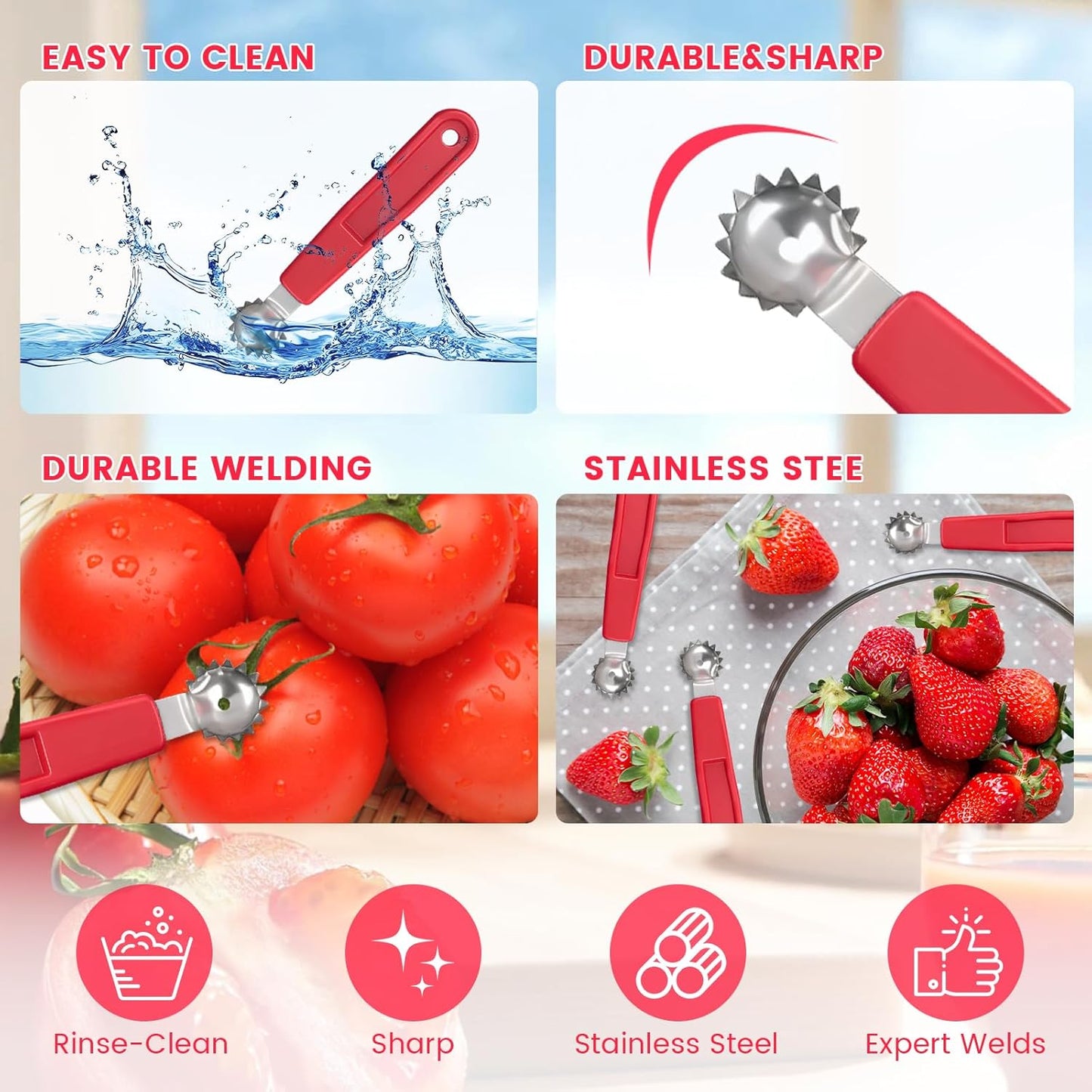 5 Pcs Tomato Corer Tool Strawberry Huller Stem Remover, Handle with hole, Stainless Steel, Fruit Corer Tool for Tomato Strawberry (Red+White)