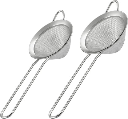 2 Pack Fine Mesh Strainer, Small Stainless Steel Sieves with Handles, for Steeping Loose Leaf Tea, Straining Cocktail, Juice and Sifting Flour, Powdered Sugar (2pcs)
