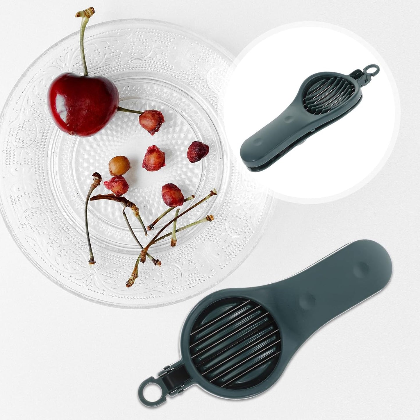 minkissy Manual Cherry Pitter Tool and Fruit Slicer, Green Plastic Cherry Core Remover with Multi-use Pitting and Slicing Function for Kitchen and Home Cooking