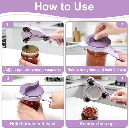Multi-Functional 4-in-1 Jar Opener, Adjustable Stainless Steel Bottle Opener for Multi Size Jar Bottles with Ergonomic Non-Slip Handle Grip, Kitchen Helper for Seniors Weak Hands Arthritis